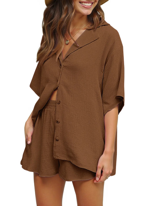 2 Piece Womens Outfit Sets Button down Shirts and Shorts Casual Lounge Sets Short Sleeve Pajamas Sets Summer Loungewear