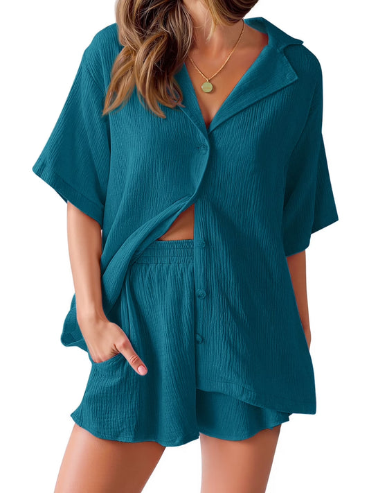 2 Piece Womens Outfit Sets Button down Shirts and Shorts Casual Lounge Sets Short Sleeve Pajamas Sets Summer Loungewear