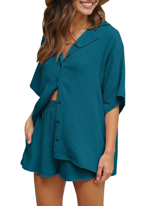 2 Piece Womens Outfit Sets Button down Shirts and Shorts Casual Lounge Sets Short Sleeve Pajamas Sets Summer Loungewear